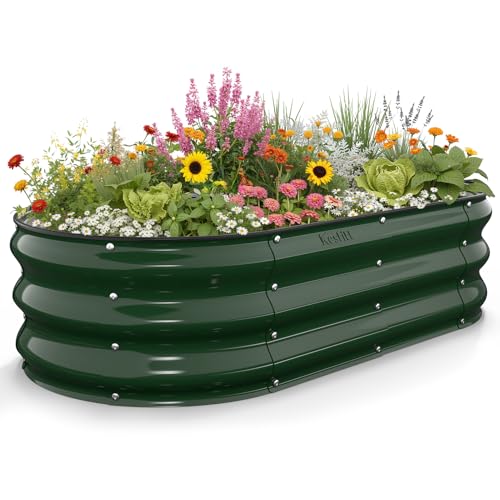 Kesfitt Raised Garden Bed, 4x2x1 FT Galvanized Steel Metal Raised Garden Bed, Oval Open-Bottom...