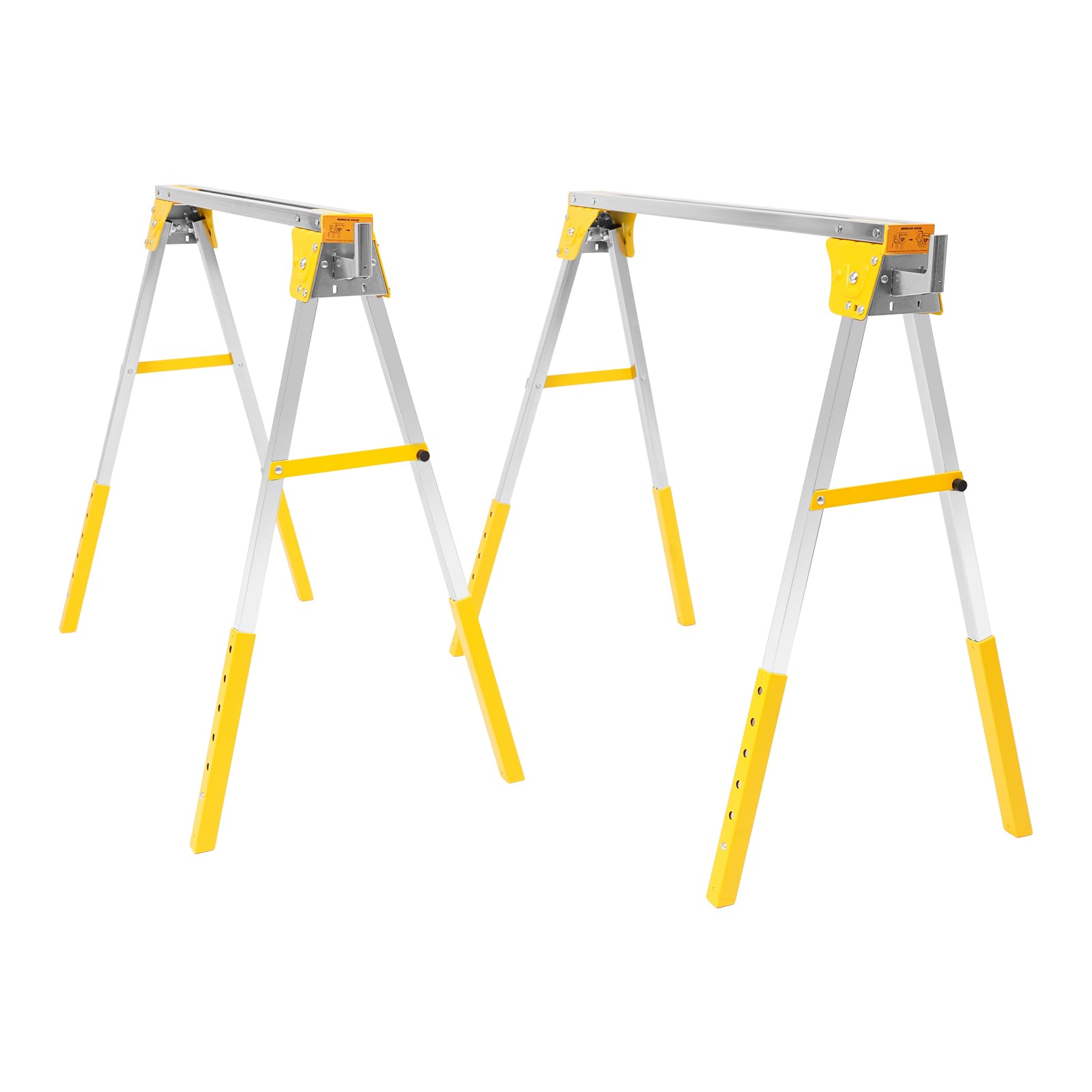 Juego de 2 caballetes de trabajo con altura ajustable, caballete plegable con capacidad de carga de 1200 kg, caballete de metal para almacenes, fábricas, jardines, zonas de madera (amarillo)