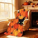 Halloween Flannel Blanket Fall Thanksgiving Pumpkin Black Cat Throw Blankets Soft Plush Warm Fall Blanket for Home Living Room Couch Sofa Bed Decor Gifts for Adult Wife Self 50"X60"