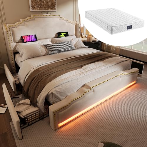 Rvjiahe Cama de Matrimonio con 4 cajones, iluminación LED y Puerto de Carga USB-C, Cama de Almacenamiento y Cama Juvenil con somier, Terciopelo,con colchón (Beis, 160 x 200