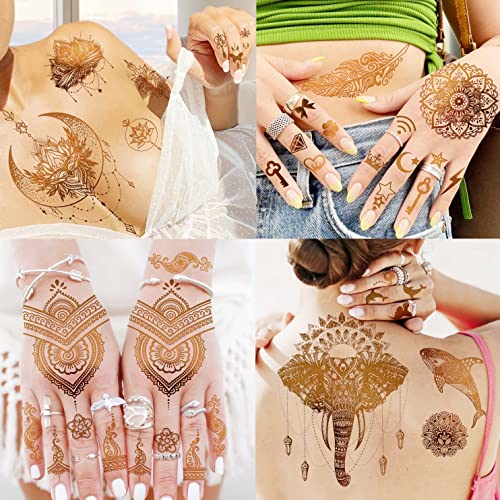 Coktak 9 Sheets 88+ Designs Large Gold Metallic Temporary Tattoos For Women Boobs Girls Adults, Tribal Bohemia 3D Flash Fake Golden Tattoo Stickers Eleplant, Realistic Glitter Snake Tattoos Moon Lotus Body Art #TOP5
