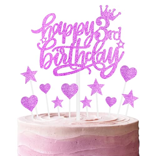 mciskin Decoración para tartas de 3er cumpleaños de color rosa intenso para tartas, decoraciones de 3er cumpleaños para niñas, decoración personalizada para tartas de niñas, decoración de pastel con