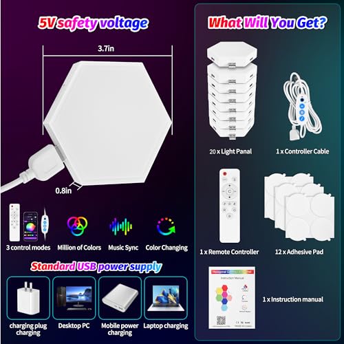 Image of 20 Pack DIY Hexagon LED Lights, Music Sync RGB Gaming Lights with APP Smart Wall Lights for Bedroom Living Room Decor