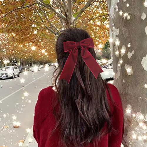 Velvet Bow Hair Clip,Large Satin Ribbon Bow Hairpins,Bows Hair Barrettes Fastener French Hair Bows with Long Ribbon Vintage Party Hair Accessories Women Girls Gifts 2PCS (2Pcs Black & Red Velvet) - Image 3