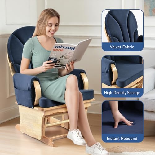 Image of Velvet Recliner Glider with Ottoman, Push Back Recliner with High-Density Foam, Silent Glide & Anti-Pinch Guardrail for Nursery, Easy 3-Step Assembly, 280LBS (Navy Blue)