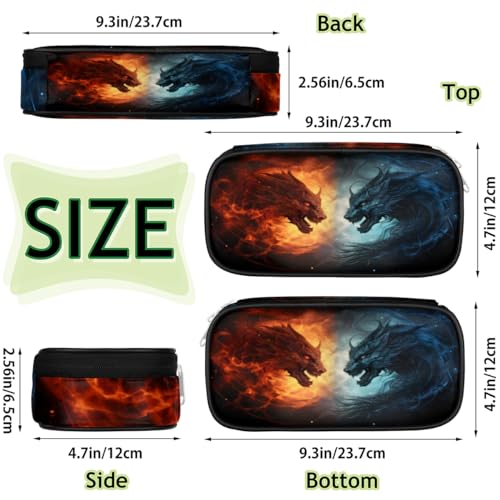 Image of Fiery Dragon Leather Pencil Case Pen Holder Large Capacity Black Stationery Organizer Pencil Bag with Zipper for Boys Girls Ice Dragon Kids Pencil Pouch Storage Box for School College Office