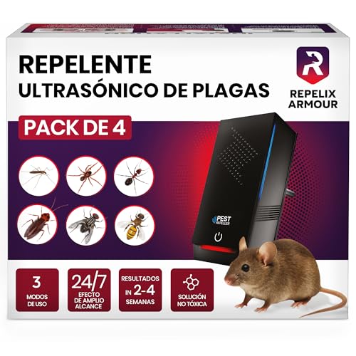 Repelente ultrasónico de plagas para interiores – Pack de 4 – Cubre 140m² por dispositivo – 3 modos – Repele ratones, ratas, arañas, mosquitos, hormigas, insectos y moscas, HX-168 (Negro)