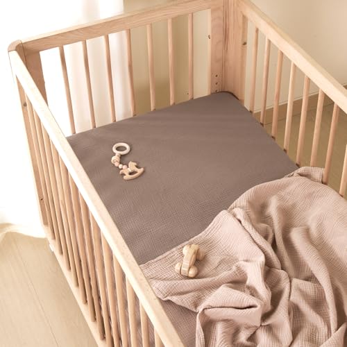 Image of TILLYOU 2 Pack Muslin Crib Sheets for Boys and Girls, 100% Cotton Fitted Crib Sheet for Toddler 52x28 Standard Crib Mattress, Grey Brown and Light Brown