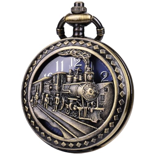 Image of SIBOSUN Antique Men Pocket Watch with Chain Oversized 50MM 1.96 Inch 3D Locomotive Steam Train Railroad Hollow + Box