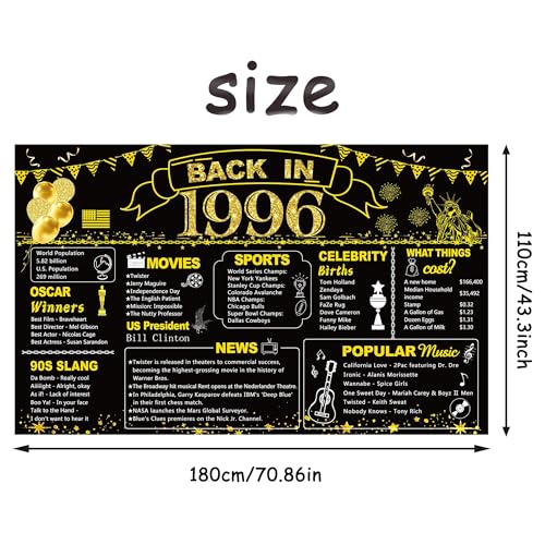 Image of DARUNAXY 30th Birthday Black Gold Party Decoration, Back in 1996 Banner 30 Year Old Birthday Party Poster Supplies Vintage 1996 Backdrop Photography Background for Men & Women 30th Class Reunion Decor