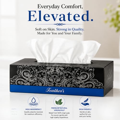 Image of Feather's Face Tissue Box (Dry) | 2 Ply, 200 Pulls per Box, Pack of 6 | Super Soft & Absorbent Facial Tissue Box | Facial Tissue Papers | Virgin Paper, Biodegradable (Random Color Box)