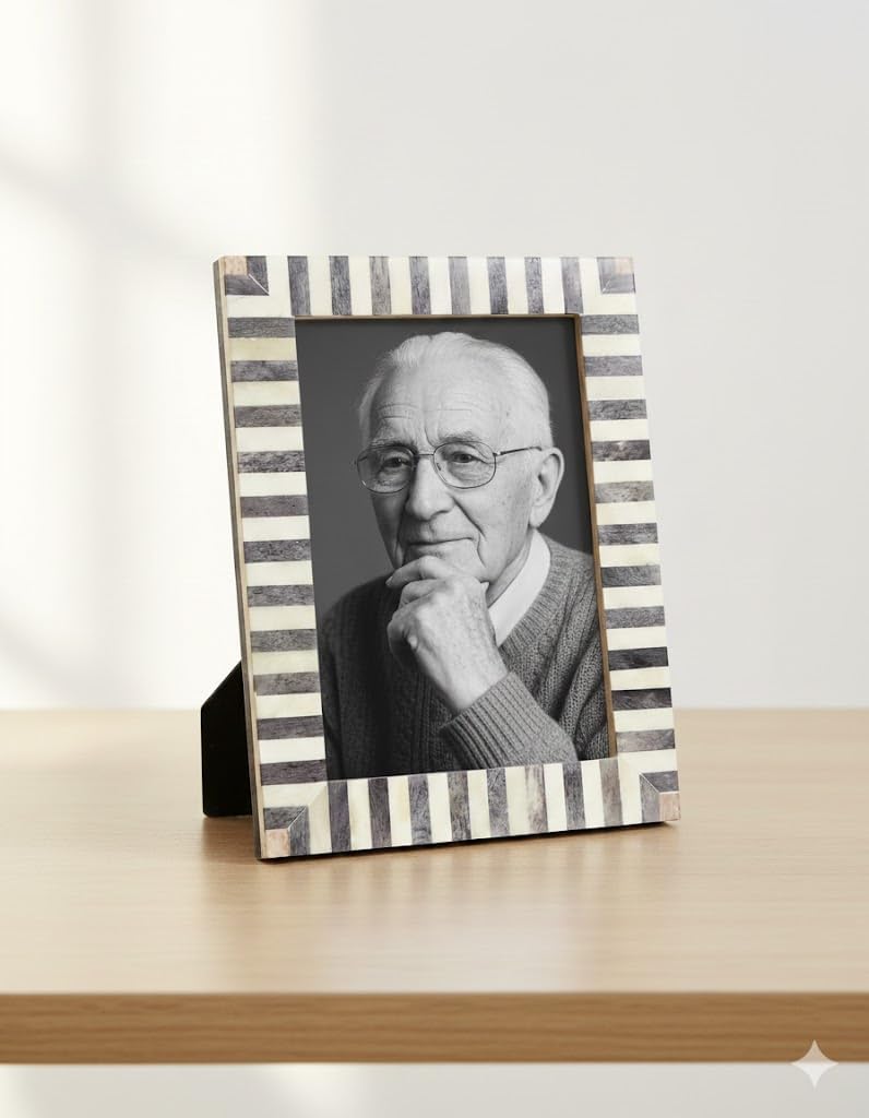 Handmade Bone Inlay Photo Frame 5x7 Inch | Grey & White Striped Decorative Picture Frame | Luxury Artisan Tabletop & Wall Display | Home Décor Gift