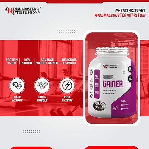 Image of Animal Booster Nutrition WEIGHT GAINER | 15gms of Protein in 90gm of Serving| For Gain Weight, Build Muscle & Fuel Energy - Chocolate (33Servings /3KG)