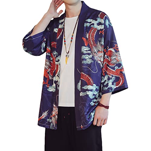 Image of PRIJOUHE Men's Lightweight Kimono Jacket Seven Sleeve Open Front Cardigan Coat Japanese Style Bathrobe