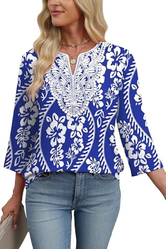 Image of WIHOLL 3 /4 Length Sleeve Womens Tops Boho V Neck Lace Shirt Trendy Blouses Dressy Casual Vacation Clothes S-3XL