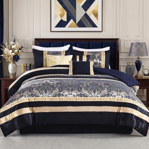 Image of CozyDH Luxury Comforter Set King Size, Navy Blue Gold - 7 Piece Bed in a Bag Jacquard Vintage Floral Damask, All Season Down Alternative Bedding with Bed Skirt, Shams, Decorative Pillows, 104x90 in