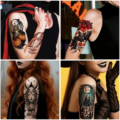 Image of 77 PCS Halloween Temporary Tattoos Adult Kids, 17 PCS Half Arm Pumpkin Bat Crow Witch Skull Fake Tattoos, 60 PCS Spider Cat Ghost Scar Tiny Realistic Face Body Tattoos Stickers for Halloween Costume