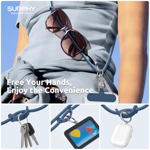 Image of SURPHY Phone Lanyard Crossbody, Phone Strap Crossbody with 2 Tether Tabs | Adjustable Cell Phone Lanyard, Anti Theft Phone Strap, Premium Metal Buckles, Universal Lanyard for Travel, Denim Blue