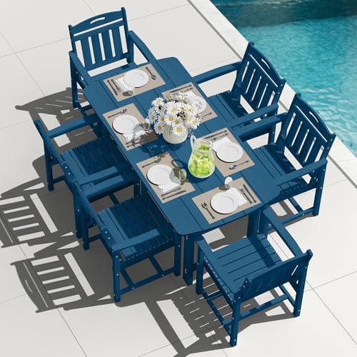 SUUNYN HDPE Outdoor Patio Dining Set with Table & 6 Chairs, All-Weather 7-Piece Outdoor Table and Chairs, 2