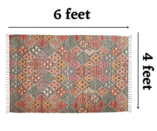 Image of HOMADORN Handmade Sustainable Printed Modern Dhurrie /Rugs /Carpet upcycled from Scrap Fabric for Living Room /Bedside Runner for Enhanced Decor (4x6 feet)