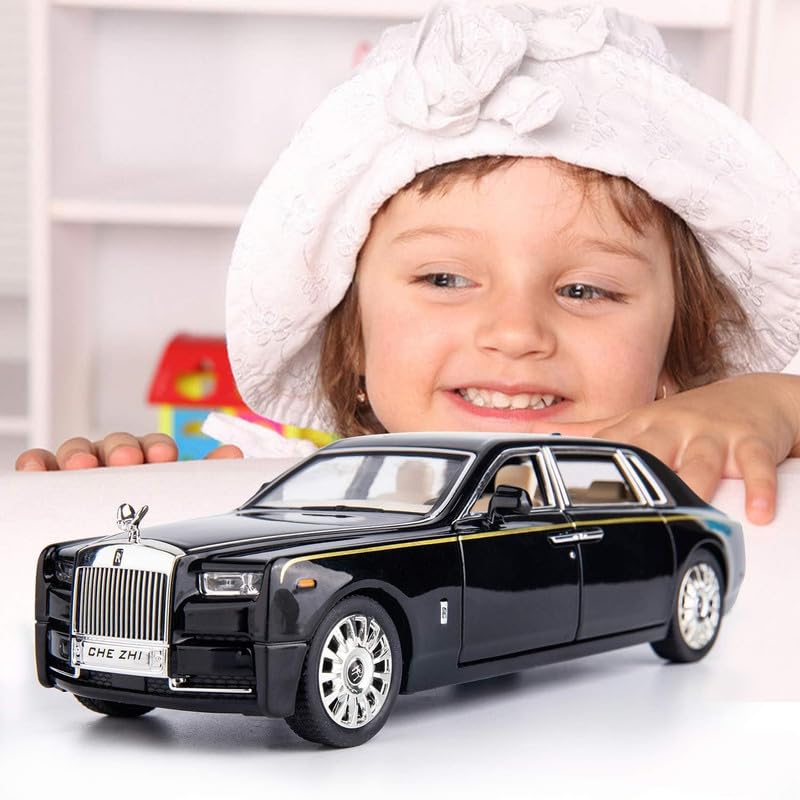 Image of Kids Model 1:32 Roll Royce Phantom Die Cast Metal Car Pull Back Action Opening Doors with Realistic Engine Sound Lights Toy Car Gift for Boys - Black