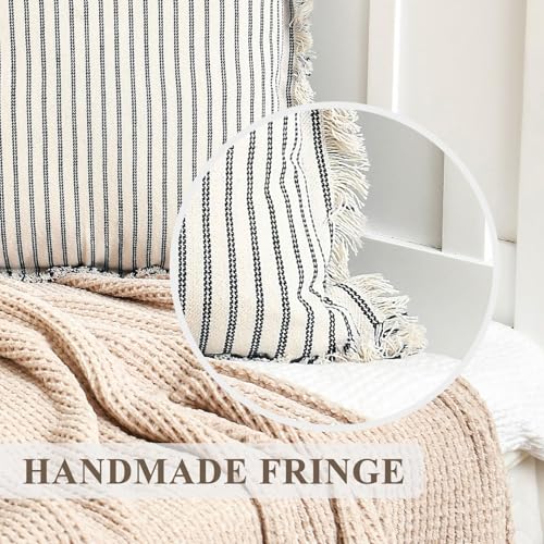 Image of ZWJD Throw Pillow Covers 24x24 Set of 2 Striped Pillow Covers with Fringe Chic Cotton Decorative Pillows Square Cushion Covers for Sofa Couch Bed Living Room Farmhouse Decor, (Navy)