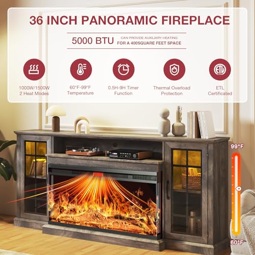 oneinmil 36 Inch 3-Sided Glass Fireplace TV Stand for TVs up to 80\", Rustic Media Entertainment Center Console Table with Glass Door Closed Storage, Set of TV Table, Grey
