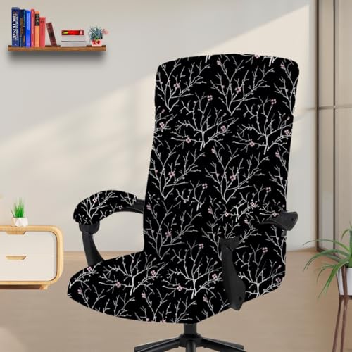 Image of Eleganta Stretchable Elastic Boss Office Chair Cover with Handle Covers, Polyester Spandex, Branch Black (Pack of 4)