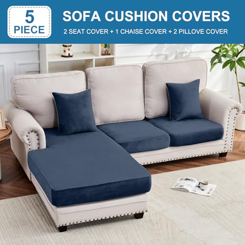 Image of Couch Cover 3-Piece Elastic Velvet Couch Cushion Covers & Chaise Slipcovers for L-Shaped Sofas, Sofa Seat Covers Washable, Soft Cover for Couches (2 Seater + Chaise, Berlin Blue)