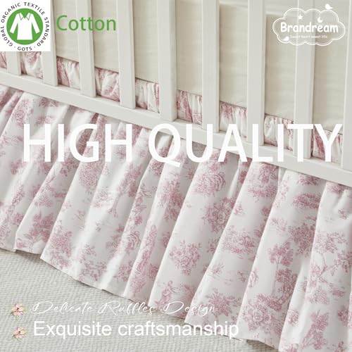 Image of Brandream French Country Toile Cotton Crib Skirt Toddler Bedskirt Dust Ruffle Baby Nursery Crib Bed Skirt Boho Bohemian Vintage Pink Floral Print Farmhouse Chic Ruffles Skirt