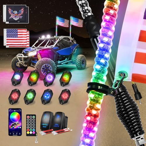 Image of Nilight 2PCS 3FT RGB LED Whip Light with Spring Base and 8 PCS Rock Lights Combo, Remote App Control w /DIY Chasing Patterns Turn Signal Brake Reverse Antenna Lighted Whips for ATV UTV Polaris RZR Jeep