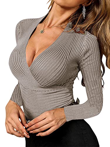 Image of Fangetey Womens Deep V Neck Sexy Wrap Sweater Long Sleeve Slim-Fitted Knitted Jumper Top