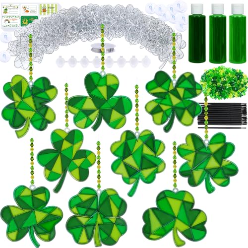 Winlyn 27 Sets St. Patricks Day Shamrock Suncatchers Ornaments Decorations DIY Window Paint Art Suncatchers St. Pats Craft Kits Lucky Four-Leaf Clover Sun Catchers for Kids Party Classroom Activity