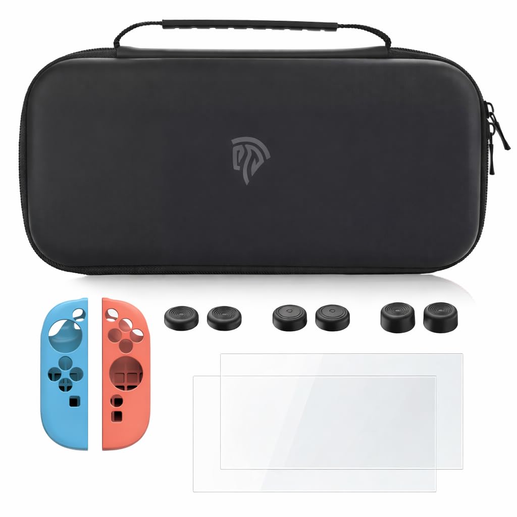 EasySMX Étui de transport pour Nintendo Switch – Ensemble d'accessoires de grand volume, 1 protecteur d'écran, 1 coque de protection Joy-Con, 2 paires de poignées en silicone | Plus durable
