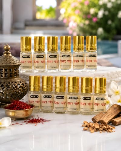 Image of KOSTA Kesar Chandan (Saffron Sandalwood) Attar 2ml Each| Alcohol-Free Long Lasting Roll-On Perfume Oil | Unisex Sandalwood & Kesar Fragrance Attar for men and Women (Pack of 12)