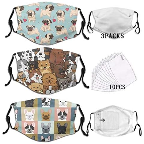 QIPNVY Cute Dog Children mask -Cute Dog Puppy Face Masks Unisex Washable Reusable Dust Child Youth French Bulldog Face Masks 3Pack 10 Filters Cover