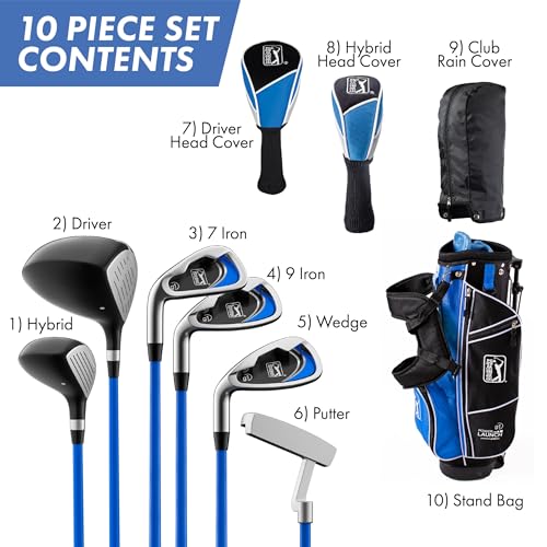 Image of PGA Tour Youth Golf Club Set for Ages 8-12 & 12+ (4'8 inch-5'10 inch), Right and Left-Handed Kids Golf Sets - Beginner Junior Golf Clubs with Lightweight Stand Bag, Mallet Putter, Hybrid, Driver