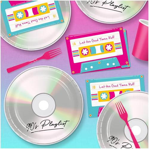 Artigos de festa dos anos 90 - pratos de jantar de papel CD e guardanapos de fita cassete - I Love T