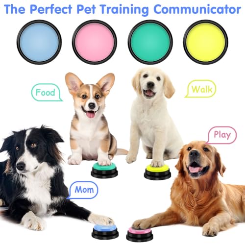 vsshe Buzzer mit Aufnahmefunktion, Haustier Talking Training Antwort Buzzer, 4 Farben Buzzers Aufnahmefähige Tasten für Hund Interaktion, 30 Sekunden Aufnahme&Wiedergabe Intelligenzspielzeug für Hunde