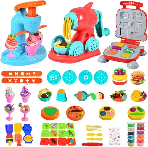 Neuytiky Kitchen Creations - Lot de 51 pièces de pâte à modeler pour enfants - Machine à pâtes - Burger - Crème glacée - Outil de pétrissage pour...