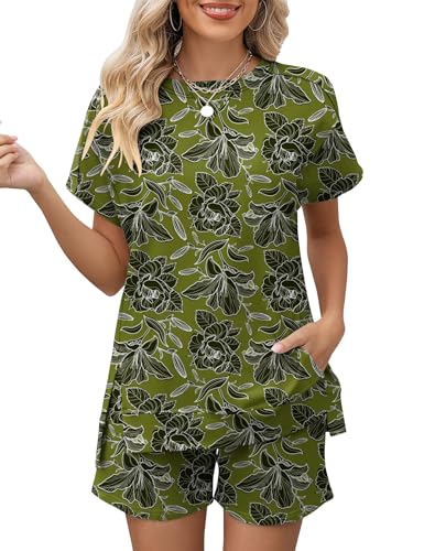Image of LOMON Womens Fashion 2 Piece Outfits Sweatsuits 2026 Summer Short Sleeve Loungewear Tracksuit Round Neck Lounge Shorts Sets