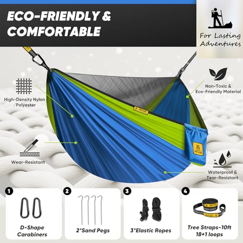 Image of Small Camping Hammock with Mosquito Net, 450 lbs Portable Hammock with Tree Straps, 2-in-1 Double /Single Travel Hammocks, Hammock for Outside /Indoor /Backpacking /Beach - Lake Blue & Green