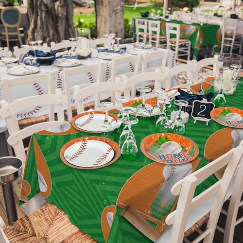 Image of Gatherfun Baseball Party Supplies: 2-Pack Baseball Birthday Decorations with Disposable Plastic Tablecloth - Table Cover for Baseball Games & Parties, 54 x 108 Inch