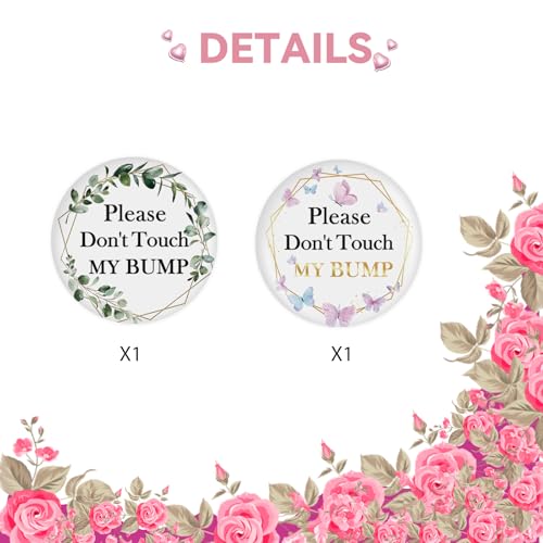 Image of 2 Pcs Do Not Touch My Bump Button Pins, Greenery Pregnancy Badge Pins, Butterfly Pregnant Stain Brooch Button for Pregnancy Announcement /Welcome Baby Party Decorations