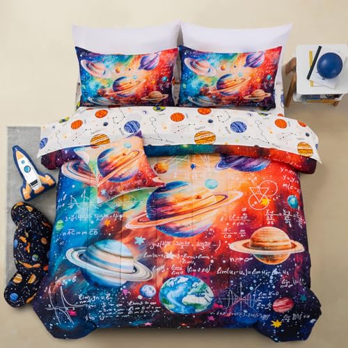 A Nice Night Galaxy Algebra Themed Full Bedding Set for Boys 6 Piece Bed-in-a-Bag with Comforter & Sheet Set, Machine Washable Kids Purple Bed Sets, Space Math Decor (Age 6-12)