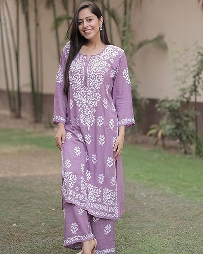 women39s kurta set embroidered chikankari kurta with pant ethnic indian wear- lucknow chikankari