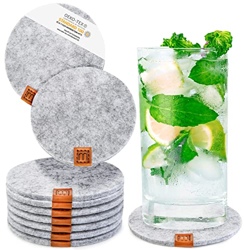 MIQIO® Design - Dessous de Verres - Feutre et Cuir - pour 10 Personnes - Lavable (Gris Chiné)