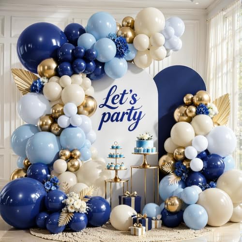 Image of Navy Blue Gold Balloon Garland Arch Kit, Sand White,Gold,144 pcs