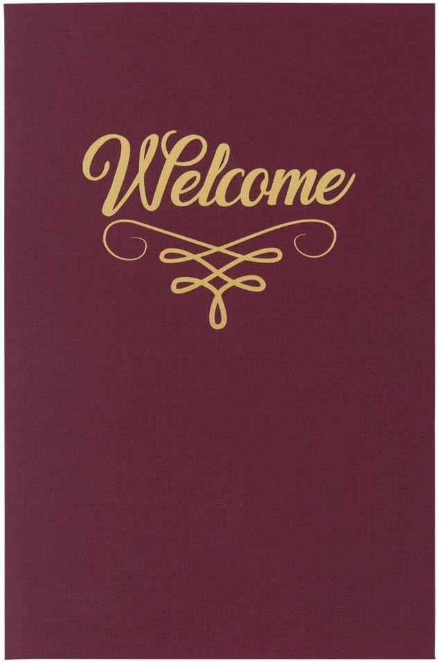 LUXPaper 6" x 9" Small Welcome Folders | Two Pocket | Burgundy Linen | Gold Foil Flourish | 110lb. Cover | 100 Qty