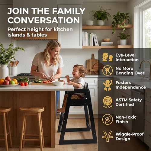Image of Black Wooden Restaurant High Chair - Stackable Rubberwood Dining Chair with Safety Bar, Easy-Clean Finish, Commercial Restaurant Seating